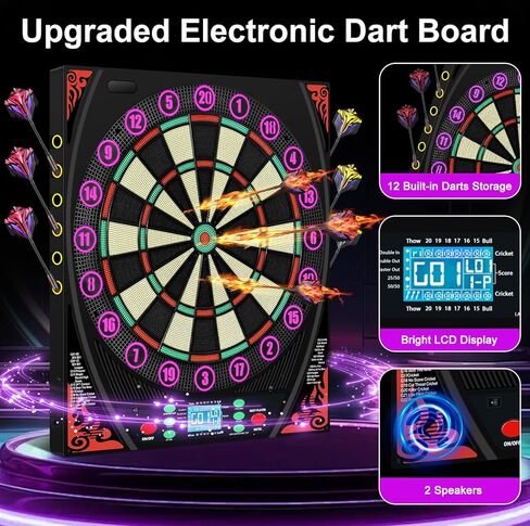 لوحات رمي ​​السهام الإلكترونية للبالغين مع حلقة أرقام مضيئة، شاشة LED بإضاءة خلفية، مطالبات صوتية، لوحة رمي السهام الكهربائية مع 34 لعبة و369 خيارًا، لوحة رمي السهام الإلكترونية ذات الطرف الناعم لعدد 1-8 لاعبين in Kuwait