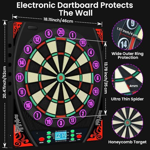 لوحات رمي ​​السهام الإلكترونية للبالغين مع حلقة أرقام مضيئة، شاشة LED بإضاءة خلفية، مطالبات صوتية، لوحة رمي السهام الكهربائية مع 34 لعبة و369 خيارًا، لوحة رمي السهام الإلكترونية ذات الطرف الناعم لعدد 1-8 لاعبين in Kuwait
