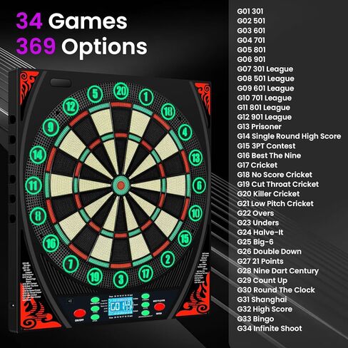 لوحات رمي ​​السهام الإلكترونية للبالغين مع حلقة أرقام مضيئة، شاشة LED بإضاءة خلفية، مطالبات صوتية، لوحة رمي السهام الكهربائية مع 34 لعبة و369 خيارًا، لوحة رمي السهام الإلكترونية ذات الطرف الناعم لعدد 1-8 لاعبين in Kuwait