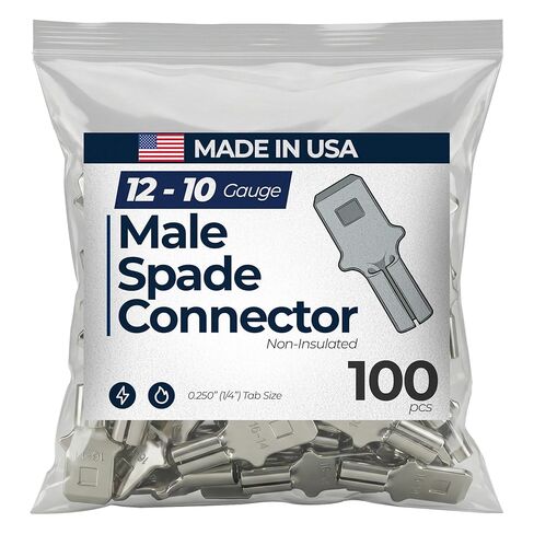 Sherco-Auto 100 Pcs Non-Insulated 12-10 Gauge Male Quick Disconnect Connector - .250 1/4" Stud Wire Terminal - V-Grooves Serrations for Strong Crimps & Corrosion Resistance - Made in USA in Saudi Arabia