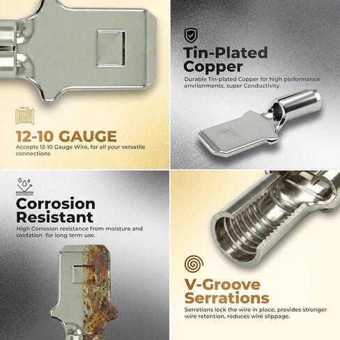 Sherco-Auto 100 Pcs Non-Insulated 12-10 Gauge Male Quick Disconnect Connector - .250 1/4" Stud Wire Terminal - V-Grooves Serrations for Strong Crimps & Corrosion Resistance - Made in USA in Saudi Arabia