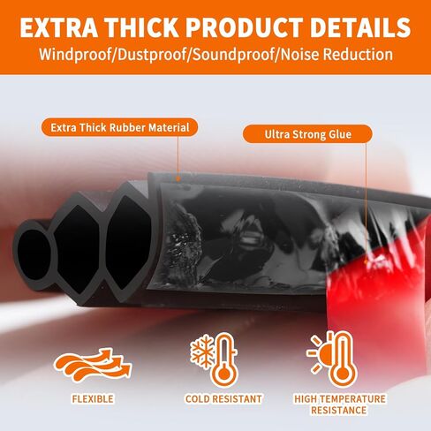 40 Feet Self-Adhesive Rubber Weather Stripping Fits Big Gaps, Extra Thick Rubber Door Weather Stripping Door Seal Strip for Door Frame Door Insulation Strip Waterproof(Black) in Saudi Arabia
