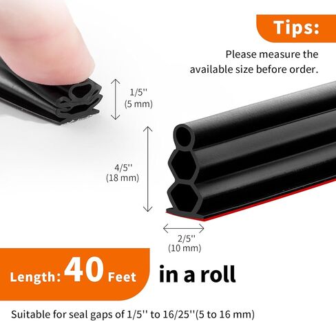40 Feet Self-Adhesive Rubber Weather Stripping Fits Big Gaps, Extra Thick Rubber Door Weather Stripping Door Seal Strip for Door Frame Door Insulation Strip Waterproof(Black) in Saudi Arabia