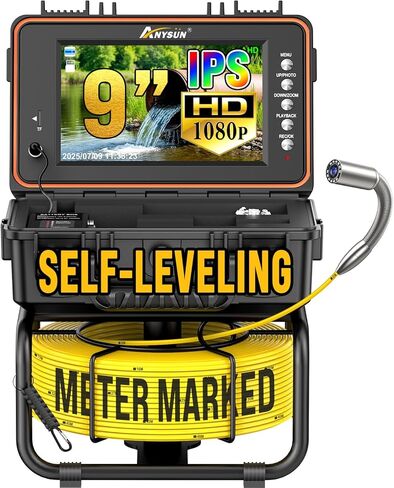 Anysun Self-Leveling Sewer Camera with Meter Marking, 9'' IPS Screen, HD 1080P Resolution, 5100mAh Battery, 100ft 5mm Cable Sewer Drain Video Inspection Camera with DVR Recorder and 32GB SD Card in Saudi Arabia