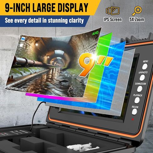 Anysun Self-Leveling Sewer Camera with Meter Marking, 9'' IPS Screen, HD 1080P Resolution, 5100mAh Battery, 100ft 5mm Cable Sewer Drain Video Inspection Camera with DVR Recorder and 32GB SD Card in Saudi Arabia