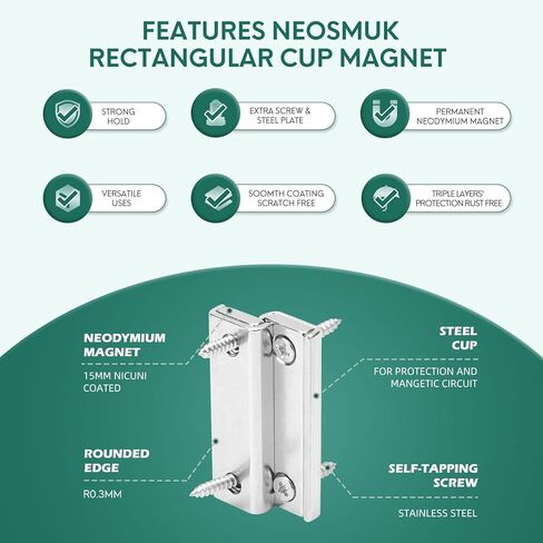 Neosmuk Bar Magnets with Screws, 70lbs Strong Neodymium Disc Magnet with Holes,Cup Magnet with Mounting Hole Heavy Duty, Rectangular Rare Earth Magnetic High Strength,Silver 4 Pack in Kuwait