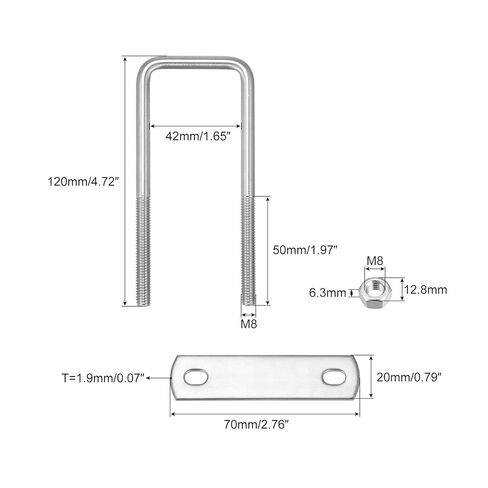 Square U-Bolts, 42mm(1.65") Inner Width 120mm Length M8 304 Stainless Steel U Clamp Bolt with Nuts and Plates, for Boat Trailer in Saudi Arabia