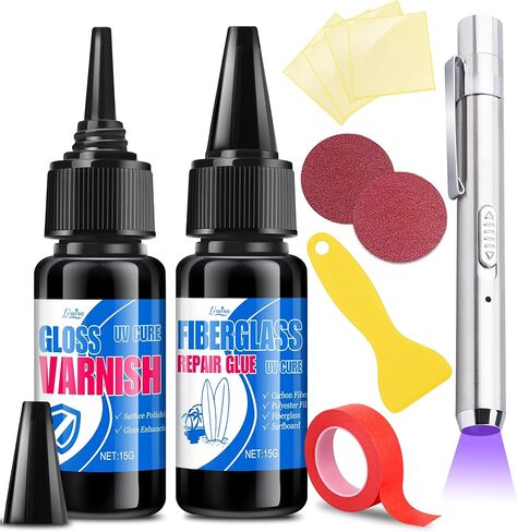 Fiberglass Repair Kit - Surfboard Repair Kit, UV Repair Glue with UV Light, Quickly Repair Scratches, Holes, and Gaps in Fiberglass, Polyester, Carbon Fiber - Fiberglass Filler for Surfboard Gelcoat in Kuwait