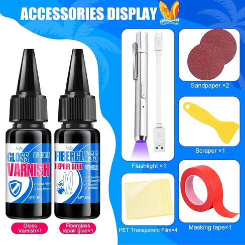 Fiberglass Repair Kit - Surfboard Repair Kit, UV Repair Glue with UV Light, Quickly Repair Scratches, Holes, and Gaps in Fiberglass, Polyester, Carbon Fiber - Fiberglass Filler for Surfboard Gelcoat in Kuwait