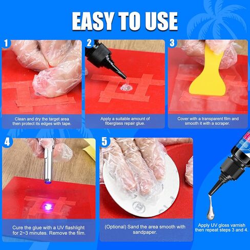 Fiberglass Repair Kit - Surfboard Repair Kit, UV Repair Glue with UV Light, Quickly Repair Scratches, Holes, and Gaps in Fiberglass, Polyester, Carbon Fiber - Fiberglass Filler for Surfboard Gelcoat in Kuwait