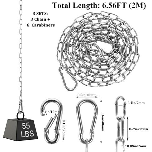 Acrux7 3 Sets Stainless Steel Chain with M4 Carabiners, 6.56ft 5/64 inch (2mm) Small Chain Link Lightweight Metal Chains Safety Kit for Hanging Plants, Pictures, Light, Indoor Outdoor, 55lbs Capacity in Saudi Arabia