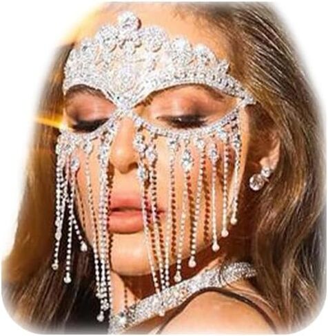 Rhinestone Tassel Veil Masks Forehead Chain Rave Crystal Eye Face Chains Mask Dance Costume Sexy Face Jewelry for Women in Saudi Arabia