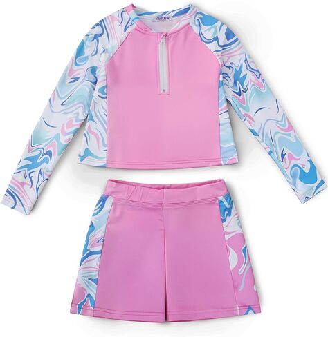 بدلة سباحة للفتيات من Rash Guard بسحاب وأكمام طويلة، ملابس سباحة صيفية مكونة من قطعتين، مقاس 7-14 سنة in Kuwait