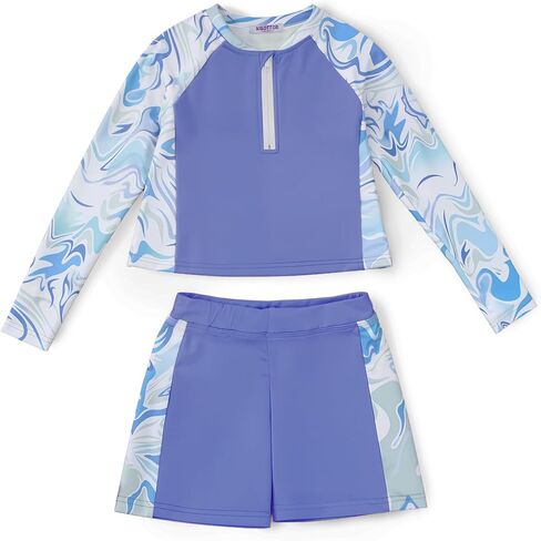 Girls Rash Guard Swimsuit Zip Long Sleeve Summer Bathing Suit Two Piece Swimwear 7-14 Years in Saudi Arabia