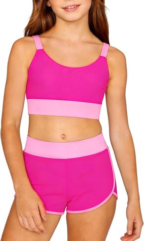 Girls Swimsuit 2 Piece Sporty Adjustable Straps Modest Bikini Bathing Suit with Shorts Color Block Swimwear in Kuwait