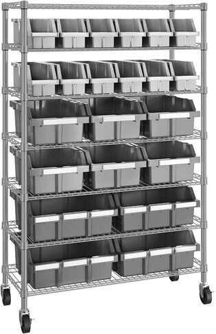 Seville Classics Heavy Duty NSF Bin Rack وحدة تخزين الأسلاك الصلب الصلب ، منظم براءة اختراع للمرآب ، المستودع ، المكتب ، المطعم ، الفصل الدراسي ، المطبخ ، الرمادي ، يشمل 21 صناديق in Kuwait