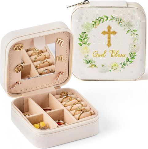 GOD GOST JOWNDY BOX FOR Women Girls - Summer First Compleion Gifts Cross Floral Portable Travel Jewelry Case Gold Gold Small Jewel Organizer Box ، Homplate Wedding Gift for Friend Bride in Kuwait