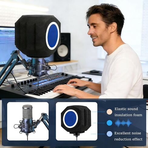 درع عزل الميكروفون، مرشح بوب للميكروفون لتسجيل الميكروفون، درع ميكروفون ممتص للصوت، تصميم سدادة خماسي الجوانب يقلل من الضوضاء والانعكاس لتسجيل الغناء، البث المباشر، أسود، أزرق in Kuwait