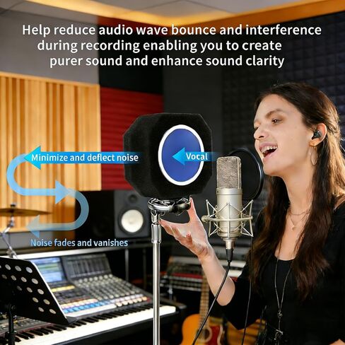 درع عزل الميكروفون، مرشح بوب للميكروفون لتسجيل الميكروفون، درع ميكروفون ممتص للصوت، تصميم سدادة خماسي الجوانب يقلل من الضوضاء والانعكاس لتسجيل الغناء، البث المباشر، أسود، أزرق in Kuwait