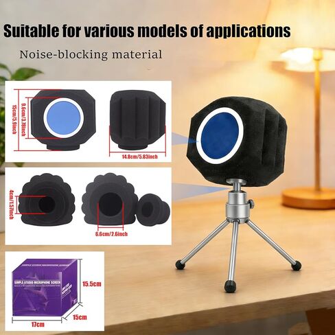 درع عزل الميكروفون، مرشح بوب للميكروفون لتسجيل الميكروفون، درع ميكروفون ممتص للصوت، تصميم سدادة خماسي الجوانب يقلل من الضوضاء والانعكاس لتسجيل الغناء، البث المباشر، أسود، أزرق in Kuwait
