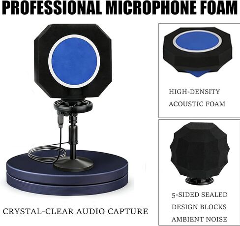 درع عزل الميكروفون، مرشح بوب للميكروفون لتسجيل الميكروفون، درع ميكروفون ممتص للصوت، تصميم سدادة خماسي الجوانب يقلل من الضوضاء والانعكاس لتسجيل الغناء، البث المباشر، أسود، أزرق in Kuwait