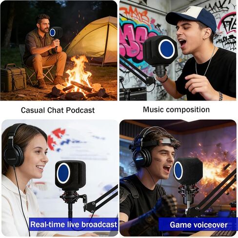 درع عزل الميكروفون، مرشح بوب للميكروفون لتسجيل الميكروفون، درع ميكروفون ممتص للصوت، تصميم سدادة خماسي الجوانب يقلل من الضوضاء والانعكاس لتسجيل الغناء، البث المباشر، أسود، أزرق in Kuwait