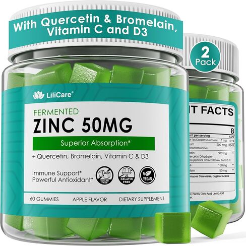 Fermented Zinc Gummies 50mg, Quercetin, Bromelain, Vitamin C & D3, Superior Absorption Zinc Supplements for Women & Men, Immune, Powerful Antioxidant, Zinc Picolinate Alternaitive, Sugar Free, 2 Pack in Saudi Arabia