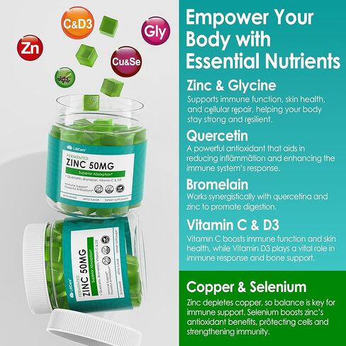 Fermented Zinc Gummies 50mg, Quercetin, Bromelain, Vitamin C & D3, Superior Absorption Zinc Supplements for Women & Men, Immune, Powerful Antioxidant, Zinc Picolinate Alternaitive, Sugar Free, 2 Pack in Kuwait