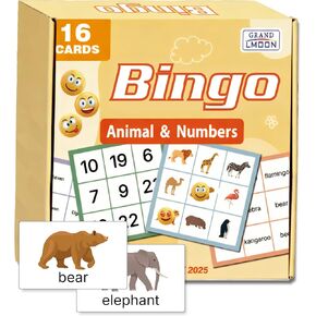 Large Print Bingo Game Set for Seniors, Double-Sided Animal and Number Cards, 16 Boards with 32 Designs, 6.3 x 6.3 Inch, Dementia and Alzheimer Activities in Kuwait