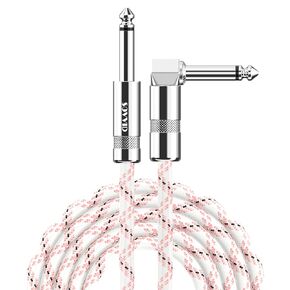 كابل أدوات 10FT - جيتار كهربائي وكابل جهير مع موصل زاوية قائمة 1/4 بوصة - وردي أبيض in Kuwait