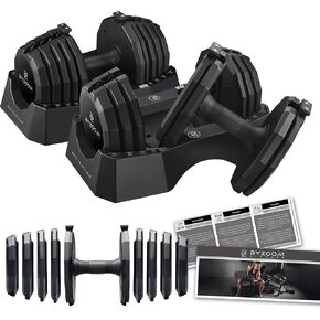 BYZOOM FITNESS Classic Series 50/55LB Adjustable Dumbbell Pair Set of 2 OR Single Unit (Check qty before purchase), 5-in-1 OR 15-in-1 Patented Secure System, Solid Cast Iron Core, Iconic 12-Sided Polygonal Anti-Roll Base, Professional Heavy Weight for Men in Kuwait