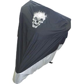 Formosa Covers | Motorcycle Cover, All Season Waterproof Outdoor Protection, Fit up to 108 Inch Tour Bikes, Choppers and Cruisers – Flaming Skull Logo (XXL, Black & Silver) in Kuwait