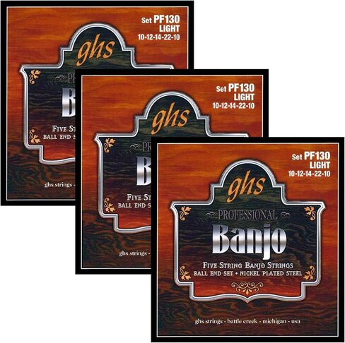GHS Strings - 5-String Banjo Strings - ball-end/loop- end - Nickel Plated Steel - Light Gauge - 010-022 - Model: PF130 SET - Pack of 3 SETS in Saudi Arabia