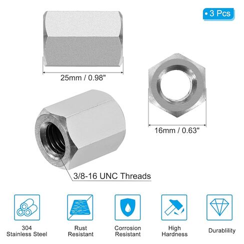 PATIKIL 3/8"-16 UNC 304 صواميل توصيل سداسية من الفولاذ المقاوم للصدأ، 3 قطع 1 بوصة طول قضيب ملولب بالكامل صواميل توصيل خشنة مثبتات موصل، لون فضي in Saudi Arabia