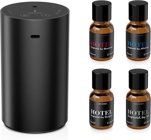 Airversa Waterless Essential Oil Diffuser Starter Kit with 4 x 10mL Hotel Scent Fragrance Oil, Aluminum Housing, Battery Operated Mini Scent Air Portable Diffuser for Home Car Office, ADX Kit Black in Kuwait