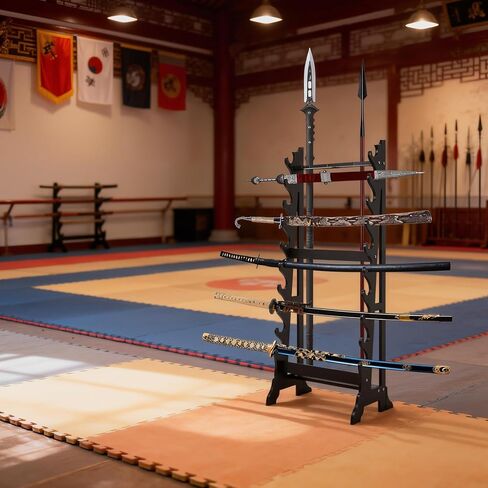 Sword Stand,Sword Rack with 10 Tiers & 3 Spear Holes,Sword Display Floor Stand,Wooden Samurai Katana Stand Holder for Multiple Swords Display in Kuwait