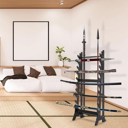 Sword Stand,Sword Rack with 10 Tiers & 3 Spear Holes,Sword Display Floor Stand,Wooden Samurai Katana Stand Holder for Multiple Swords Display in Kuwait