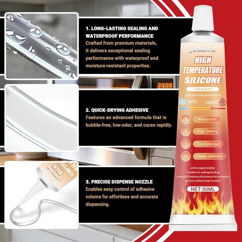 Transparent Heat Resistant Glue, Heat Resistant Silicone, 50ml X 2 Pack, High Temperature Silicone Sealant for Oven Door for Sealing Glass Cooktops, Fireplace Surrounds Kitchen Fittings in Saudi Arabia