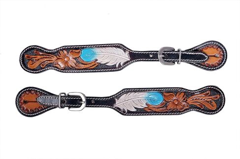 CHALLENGER Horse Western Floral Turquoise Feather Adjustable Leather Spur Straps 74HR79 in Saudi Arabia