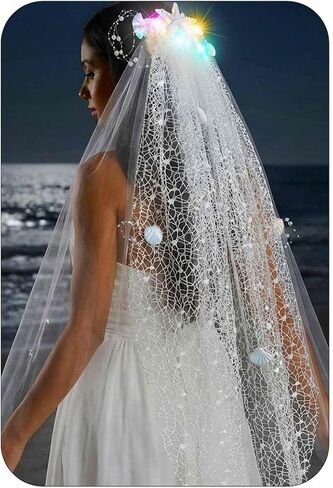HEREAD Light Up Veils for Women Wedding Short Starfish Fingertip Length Beach Bachelorette Veil with Comb and Cut Edge (Colorful Light) in Kuwait