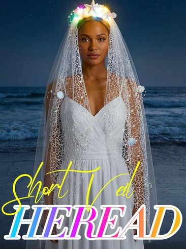 HEREAD Light Up Veils for Women Wedding Short Starfish Fingertip Length Beach Bachelorette Veil with Comb and Cut Edge (Colorful Light) in Kuwait