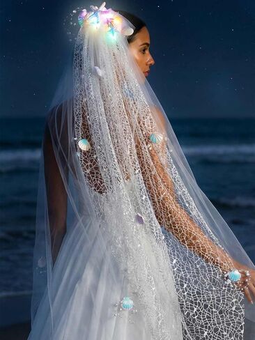 HEREAD Light Up Veils for Women Wedding Short Starfish Fingertip Length Beach Bachelorette Veil with Comb and Cut Edge (Colorful Light) in Kuwait