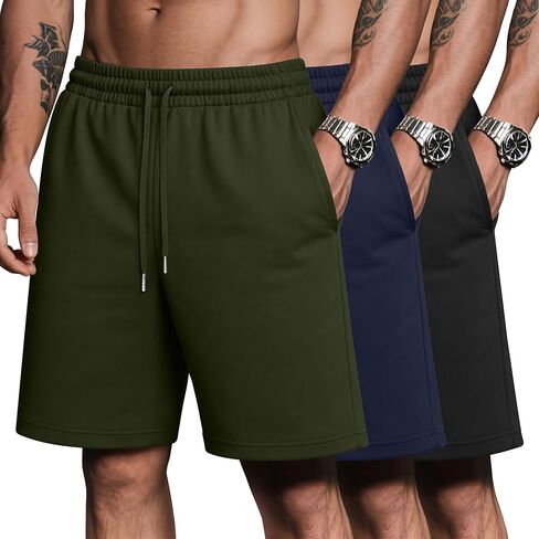 Riyiper 3 Pack Men's Bermuda Athletic Shorts Cotton Casual High Waist Shorts with Pockets Drawstring Knee Length Shorts in Kuwait
