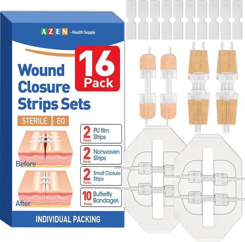 AZEN 16 حزمة شرائط إغلاق الجروح، 4 أنواع من ضمادات الفراشة، مجموعة إغلاق التمزق في حالات الطوارئ، إصلاح الجروح بدون غرز، جهاز إغلاق الجروح بسحاب سريع in Kuwait