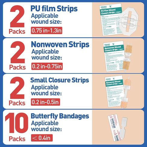 AZEN 16 حزمة شرائط إغلاق الجروح، 4 أنواع من ضمادات الفراشة، مجموعة إغلاق التمزق في حالات الطوارئ، إصلاح الجروح بدون غرز، جهاز إغلاق الجروح بسحاب سريع in Kuwait