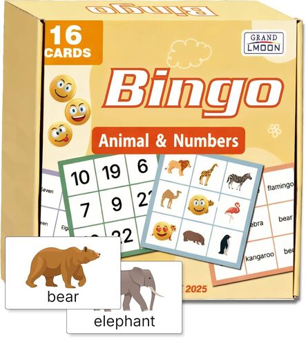 Large Print Bingo Game Set for Seniors, Double-Sided Animal and Number Cards, 16 Boards with 32 Designs, 6.3 x 6.3 Inch, Dementia and Alzheimer Activities in Kuwait