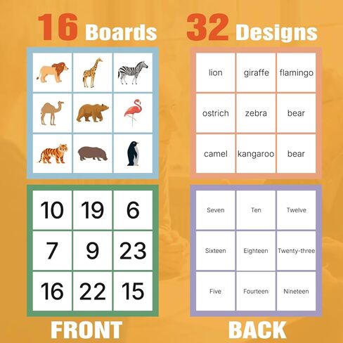Large Print Bingo Game Set for Seniors, Double-Sided Animal and Number Cards, 16 Boards with 32 Designs, 6.3 x 6.3 Inch, Dementia and Alzheimer Activities in Kuwait