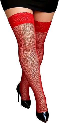 ohyeah Women Fishnet Thigh High Stockings Plus Size Floral Lace Silicone Lace Top Thigh Highs Socks in Kuwait