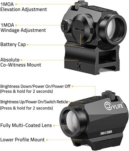 CVLIFE شبكاني متعدد 2 MOA Green Dot & Circle، Motion Awake Green Dot Sight 50,000H وقت التشغيل، نطاق بصريات 1x20 مم مع رافع شهود مشترك مطلق وتركيب منخفض لـ Picatinny 21 مم، IPX7 مقاوم للماء in Saudi Arabia