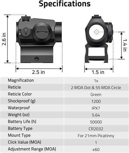 CVLIFE شبكاني متعدد 2 MOA Green Dot & Circle، Motion Awake Green Dot Sight 50,000H وقت التشغيل، نطاق بصريات 1x20 مم مع رافع شهود مشترك مطلق وتركيب منخفض لـ Picatinny 21 مم، IPX7 مقاوم للماء in Saudi Arabia